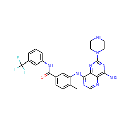 Cc1ccc(C(=O)Nc2cccc(C(F)(F)F)c2)cc1Nc1ncnc2c(N)nc(N3CCNCC3)nc12 ZINC000148049939