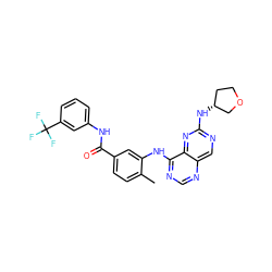 Cc1ccc(C(=O)Nc2cccc(C(F)(F)F)c2)cc1Nc1ncnc2cnc(N[C@@H]3CCOC3)nc12 ZINC000148253751