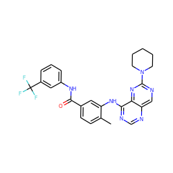 Cc1ccc(C(=O)Nc2cccc(C(F)(F)F)c2)cc1Nc1ncnc2cnc(N3CCCCC3)nc12 ZINC000148245802