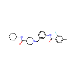 Cc1ccc(C(=O)Nc2cccc(CN3CCC(C(=O)NC4CCCCC4)CC3)c2)c(F)c1 ZINC001772629496