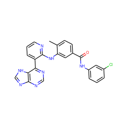 Cc1ccc(C(=O)Nc2cccc(Cl)c2)cc1Nc1ncccc1-c1ncnc2nc[nH]c12 ZINC000215319437