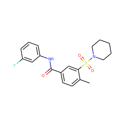 Cc1ccc(C(=O)Nc2cccc(F)c2)cc1S(=O)(=O)N1CCCCC1 ZINC000001508397