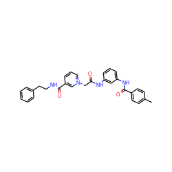 Cc1ccc(C(=O)Nc2cccc(NC(=O)C[n+]3cccc(C(=O)NCCc4ccccc4)c3)c2)cc1 ZINC000049803488