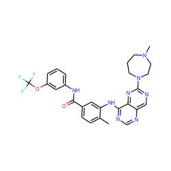 Cc1ccc(C(=O)Nc2cccc(OC(F)(F)F)c2)cc1Nc1ncnc2cnc(N3CCCN(C)CC3)nc12 ZINC000148201622