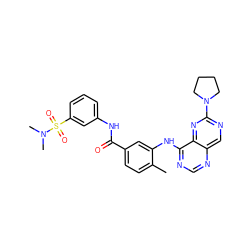 Cc1ccc(C(=O)Nc2cccc(S(=O)(=O)N(C)C)c2)cc1Nc1ncnc2cnc(N3CCCC3)nc12 ZINC000148226925