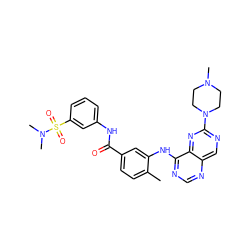 Cc1ccc(C(=O)Nc2cccc(S(=O)(=O)N(C)C)c2)cc1Nc1ncnc2cnc(N3CCN(C)CC3)nc12 ZINC000148237588