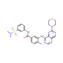 Cc1ccc(C(=O)Nc2cccc(S(=O)(=O)N(C)C)c2)cc1Nc1ncnc2cnc(N3CCOCC3)nc12 ZINC000148242574