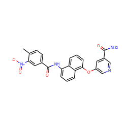 Cc1ccc(C(=O)Nc2cccc3c(Oc4cncc(C(N)=O)c4)cccc23)cc1[N+](=O)[O-] ZINC000299819873