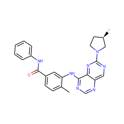 Cc1ccc(C(=O)Nc2ccccc2)cc1Nc1ncnc2cnc(N3CC[C@@H](F)C3)nc12 ZINC000148196130