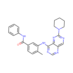 Cc1ccc(C(=O)Nc2ccccc2)cc1Nc1ncnc2cnc(N3CCCCC3)nc12 ZINC000148219858