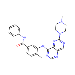 Cc1ccc(C(=O)Nc2ccccc2)cc1Nc1ncnc2cnc(N3CCN(C)CC3)nc12 ZINC000148179782