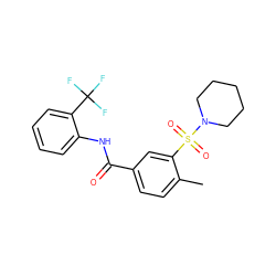 Cc1ccc(C(=O)Nc2ccccc2C(F)(F)F)cc1S(=O)(=O)N1CCCCC1 ZINC000014429812