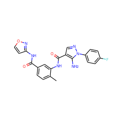 Cc1ccc(C(=O)Nc2ccon2)cc1NC(=O)c1cnn(-c2ccc(F)cc2)c1N ZINC000064559955