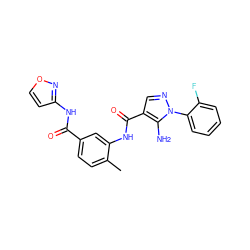 Cc1ccc(C(=O)Nc2ccon2)cc1NC(=O)c1cnn(-c2ccccc2F)c1N ZINC000064560262