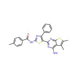 Cc1ccc(C(=O)Nc2nc(-c3ccccc3)c(-c3nc(N)c4c(C)c(C)sc4n3)s2)cc1 ZINC000096927348