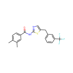 Cc1ccc(C(=O)Nc2ncc(Cc3cccc(C(F)(F)F)c3)s2)cc1C ZINC000043120624