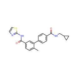 Cc1ccc(C(=O)Nc2nccs2)cc1-c1ccc(C(=O)NCC2CC2)cc1 ZINC000040916515