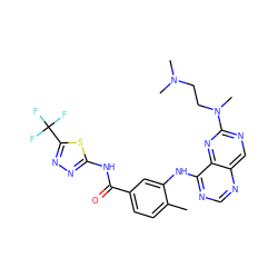 Cc1ccc(C(=O)Nc2nnc(C(F)(F)F)s2)cc1Nc1ncnc2cnc(N(C)CCN(C)C)nc12 ZINC000148231533