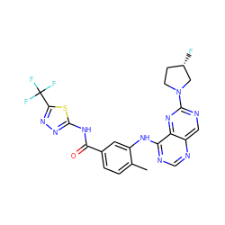 Cc1ccc(C(=O)Nc2nnc(C(F)(F)F)s2)cc1Nc1ncnc2cnc(N3CC[C@H](F)C3)nc12 ZINC000148229933