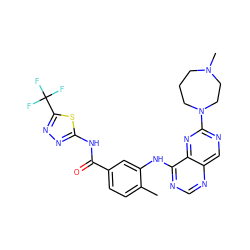 Cc1ccc(C(=O)Nc2nnc(C(F)(F)F)s2)cc1Nc1ncnc2cnc(N3CCCN(C)CC3)nc12 ZINC000148229679