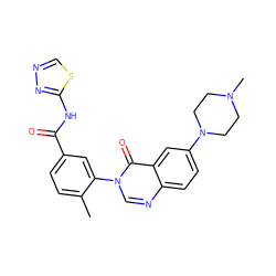 Cc1ccc(C(=O)Nc2nncs2)cc1-n1cnc2ccc(N3CCN(C)CC3)cc2c1=O ZINC000084651925