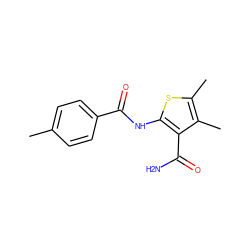 Cc1ccc(C(=O)Nc2sc(C)c(C)c2C(N)=O)cc1 ZINC000000038430