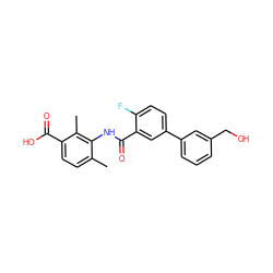 Cc1ccc(C(=O)O)c(C)c1NC(=O)c1cc(-c2cccc(CO)c2)ccc1F ZINC000653699653