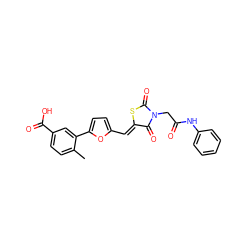 Cc1ccc(C(=O)O)cc1-c1ccc(/C=C2\SC(=O)N(CC(=O)Nc3ccccc3)C2=O)o1 ZINC000001012866