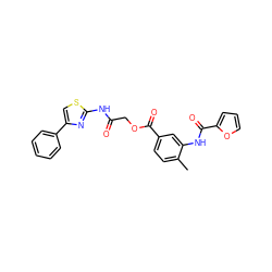 Cc1ccc(C(=O)OCC(=O)Nc2nc(-c3ccccc3)cs2)cc1NC(=O)c1ccco1 ZINC000003221675