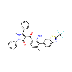 Cc1ccc(C(=O)c2c(-c3ccccc3)n(C)n(-c3ccccc3)c2=O)c(N)c1-c1ccc2nc(C(F)(F)F)sc2c1 ZINC000299858538