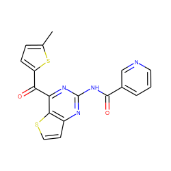 Cc1ccc(C(=O)c2nc(NC(=O)c3cccnc3)nc3ccsc23)s1 ZINC000048999856