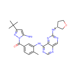 Cc1ccc(C(=O)n2nc(C(C)(C)C)cc2N)cc1Nc1ncnc2cnc(N[C@@H]3CCOC3)nc12 ZINC000148256910