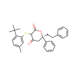 Cc1ccc(C(C)(C)C)c(SC2C(=O)C[C@](CCc3ccccc3)(c3ccccc3)OC2=O)c1 ZINC000026150443