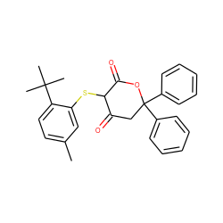 Cc1ccc(C(C)(C)C)c(SC2C(=O)CC(c3ccccc3)(c3ccccc3)OC2=O)c1 ZINC000101291994