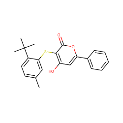 Cc1ccc(C(C)(C)C)c(Sc2c(O)cc(-c3ccccc3)oc2=O)c1 ZINC000027210447