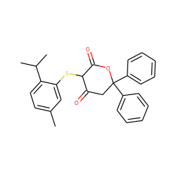 Cc1ccc(C(C)C)c(SC2C(=O)CC(c3ccccc3)(c3ccccc3)OC2=O)c1 ZINC000102201370