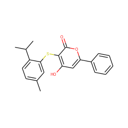 Cc1ccc(C(C)C)c(Sc2c(O)cc(-c3ccccc3)oc2=O)c1 ZINC000027209825