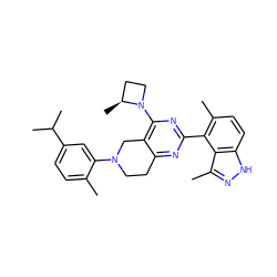 Cc1ccc(C(C)C)cc1N1CCc2nc(-c3c(C)ccc4[nH]nc(C)c34)nc(N3CC[C@@H]3C)c2C1 ZINC000146446766