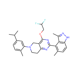 Cc1ccc(C(C)C)cc1N1CCc2nc(-c3c(C)ccc4[nH]nc(C)c34)nc(OCC(F)F)c2C1 ZINC000146992060