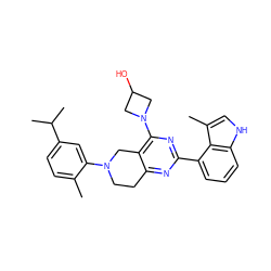 Cc1ccc(C(C)C)cc1N1CCc2nc(-c3cccc4[nH]cc(C)c34)nc(N3CC(O)C3)c2C1 ZINC000147008124