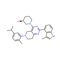 Cc1ccc(C(C)C)cc1N1CCc2nc(-c3cccc4[nH]cc(C)c34)nc(N3CCC[C@H](O)C3)c2C1 ZINC000149141335