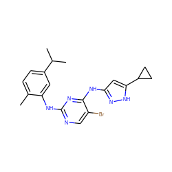 Cc1ccc(C(C)C)cc1Nc1ncc(Br)c(Nc2cc(C3CC3)[nH]n2)n1 ZINC000203008326