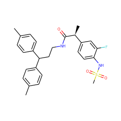 Cc1ccc(C(CCNC(=O)[C@@H](C)c2ccc(NS(C)(=O)=O)c(F)c2)c2ccc(C)cc2)cc1 ZINC000073224846