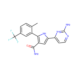 Cc1ccc(C(F)(F)F)cc1-c1[nH]c(-c2ccnc(N)n2)cc1C(N)=O ZINC000142975856