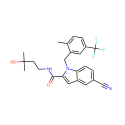 Cc1ccc(C(F)(F)F)cc1Cn1c(C(=O)NCCC(C)(C)O)cc2cc(C#N)ccc21 ZINC000071296431