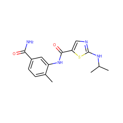 Cc1ccc(C(N)=O)cc1NC(=O)c1cnc(NC(C)C)s1 ZINC000029041387