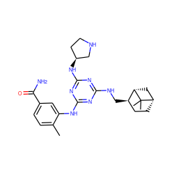 Cc1ccc(C(N)=O)cc1Nc1nc(NC[C@@H]2CC[C@H]3C[C@@H]2C3(C)C)nc(N[C@H]2CCNC2)n1 ZINC000036761680