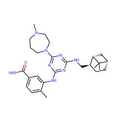 Cc1ccc(C(N)=O)cc1Nc1nc(NC[C@@H]2CC[C@H]3C[C@@H]2C3(C)C)nc(N2CCCN(C)CC2)n1 ZINC000013586060