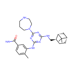 Cc1ccc(C(N)=O)cc1Nc1nc(NC[C@@H]2CC[C@H]3C[C@@H]2C3(C)C)nc(N2CCCNCC2)n1 ZINC000013586058