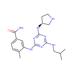 Cc1ccc(C(N)=O)cc1Nc1nc(NCC(C)C)nc(N[C@H]2CCNC2)n1 ZINC000036761669